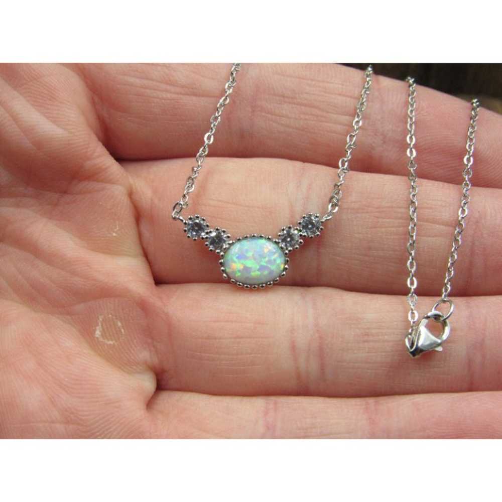 16" Sterling Silver Opal And Bright CZ Accent Nec… - image 2