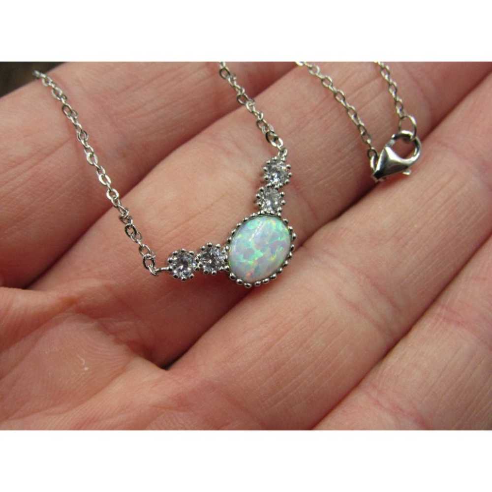 16" Sterling Silver Opal And Bright CZ Accent Nec… - image 3