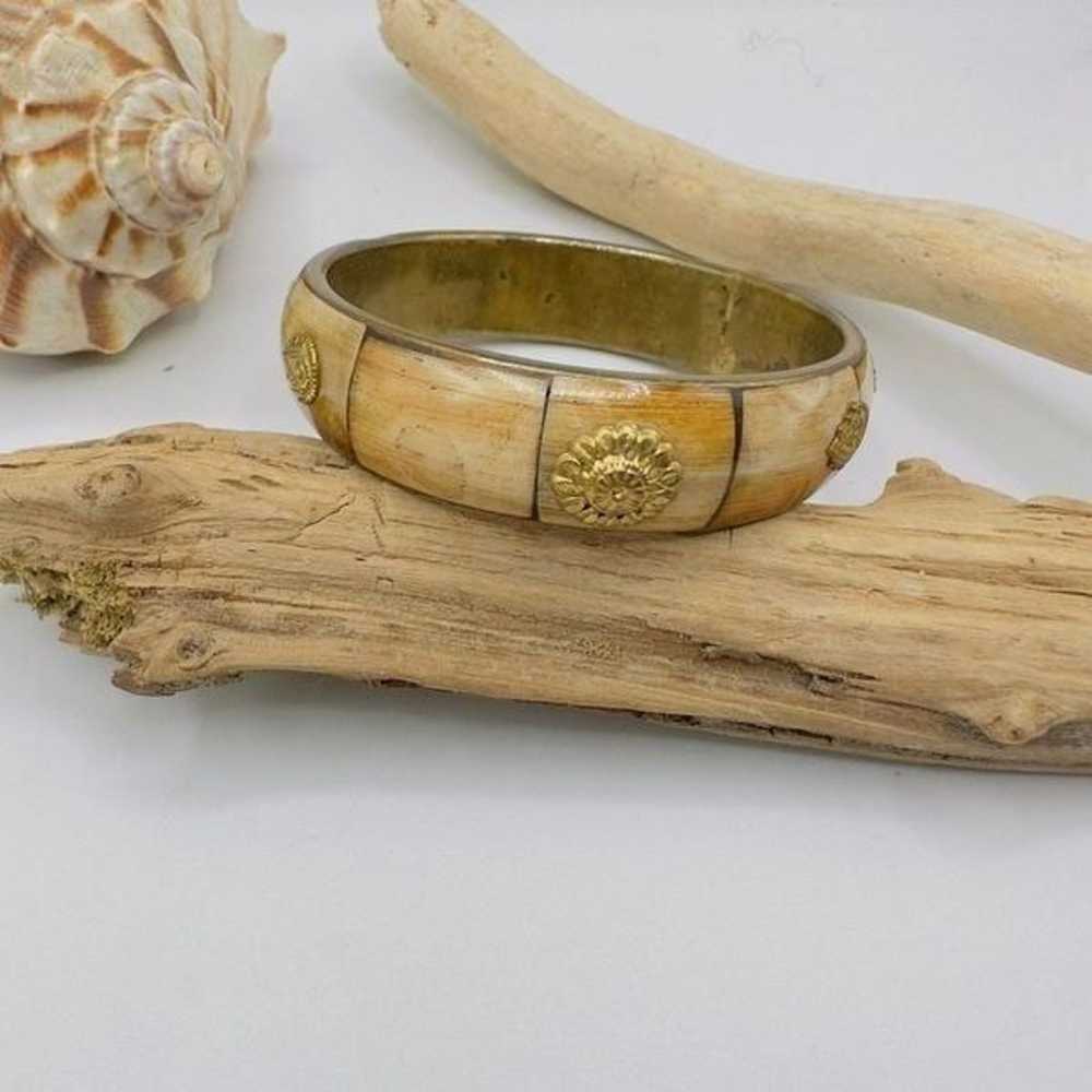 Vintage Brass Bone Inlay Bangle Bracelet - image 1