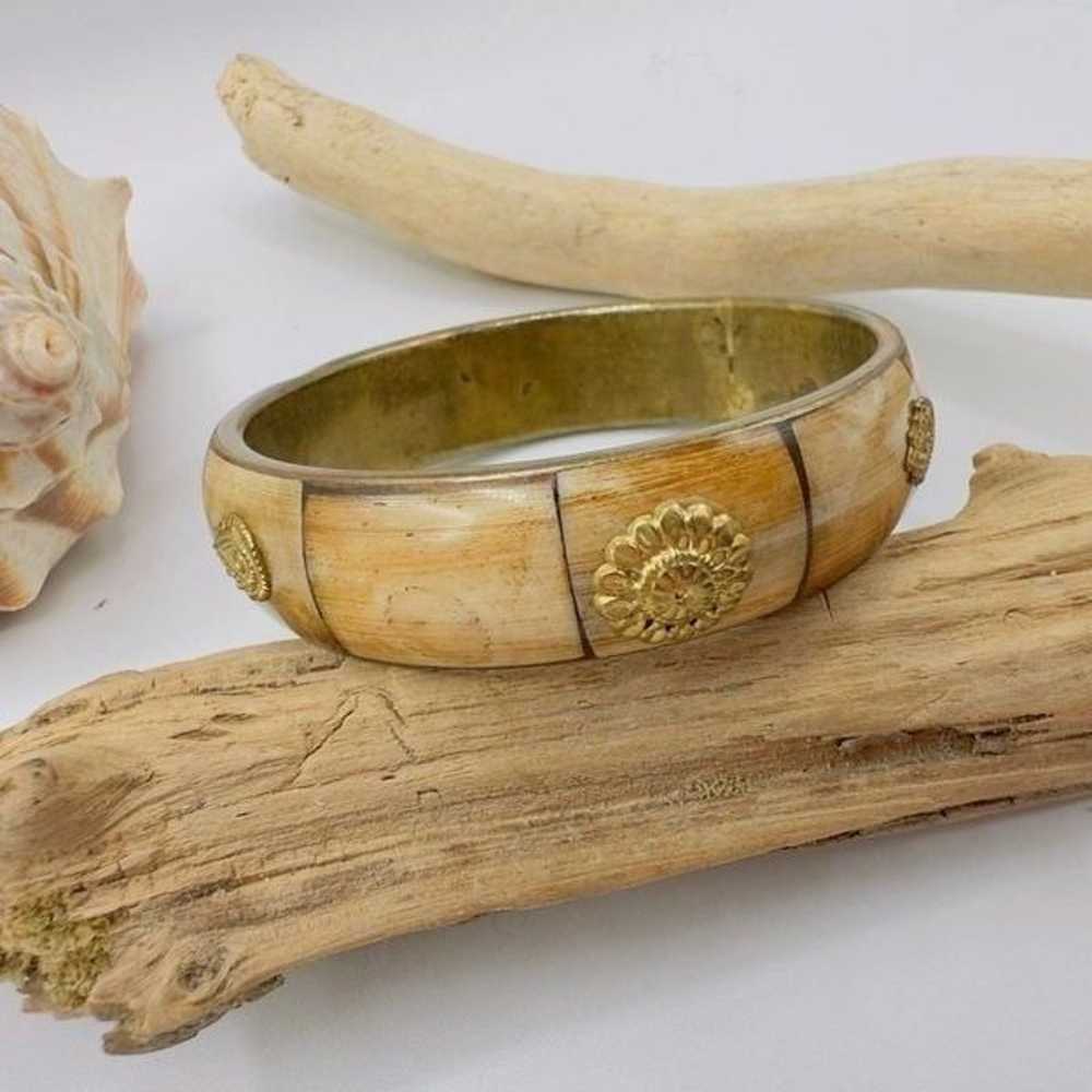 Vintage Brass Bone Inlay Bangle Bracelet - image 3