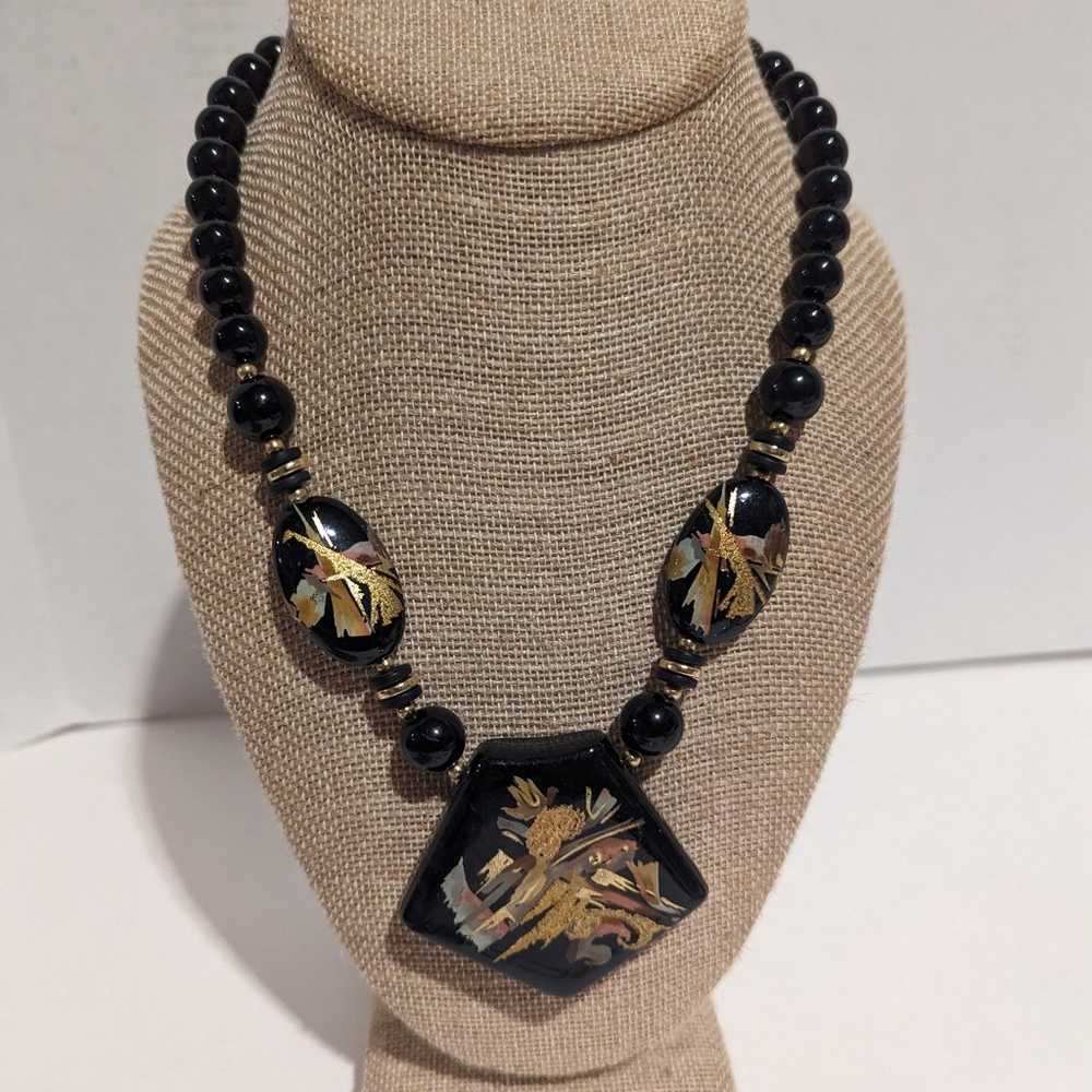 RARE Japan Black & Gold Tone Floral Necklace Hand… - image 10