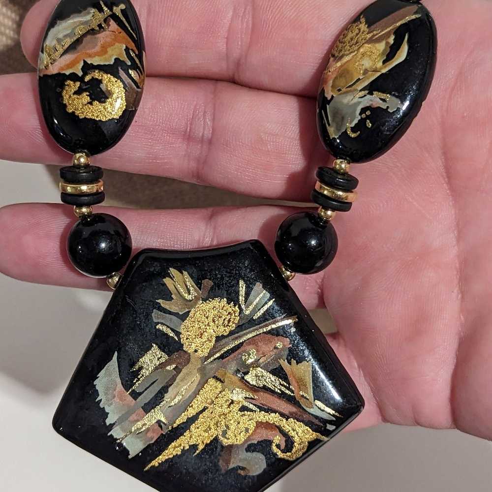 RARE Japan Black & Gold Tone Floral Necklace Hand… - image 11