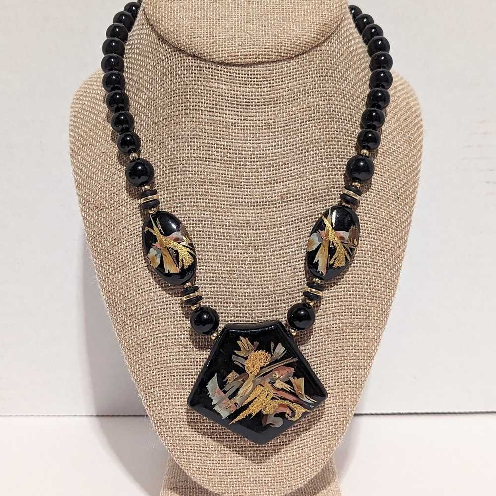 RARE Japan Black & Gold Tone Floral Necklace Hand… - image 1