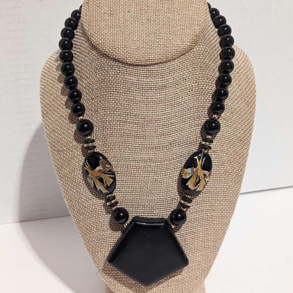 RARE Japan Black & Gold Tone Floral Necklace Hand… - image 2