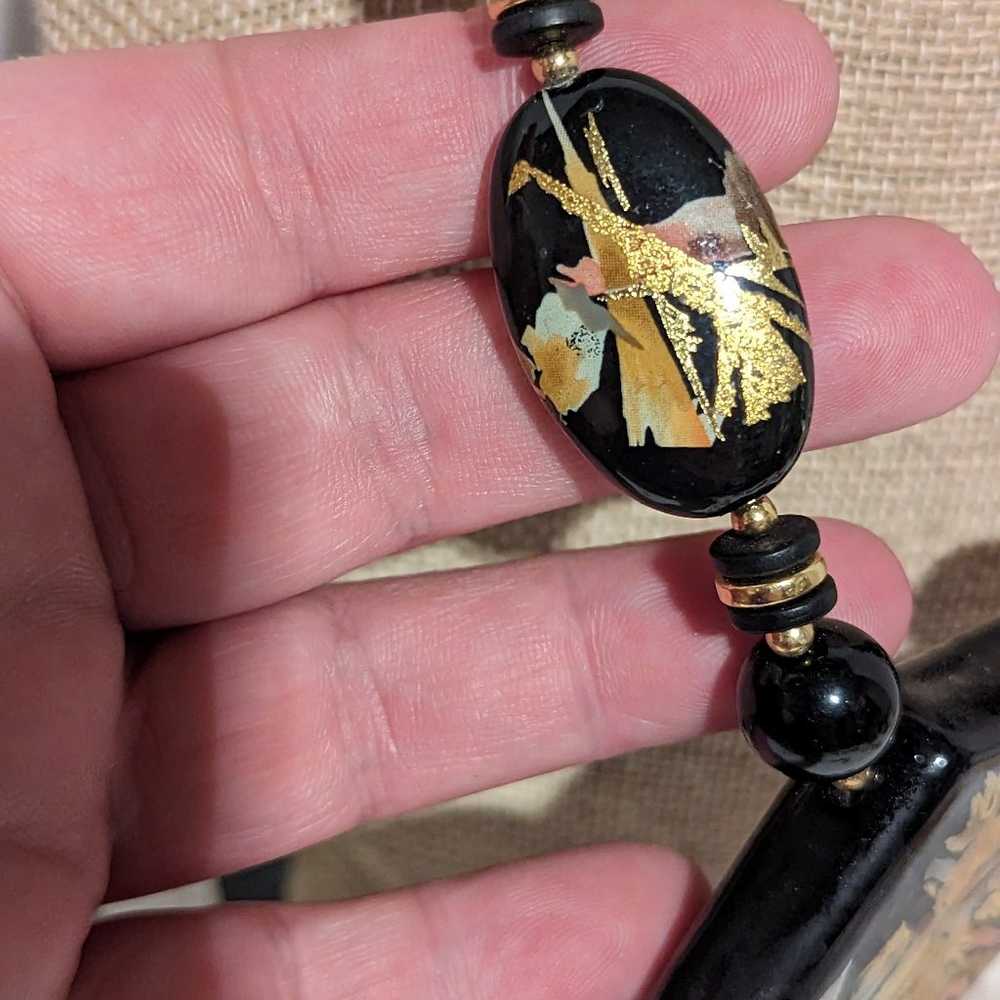 RARE Japan Black & Gold Tone Floral Necklace Hand… - image 4