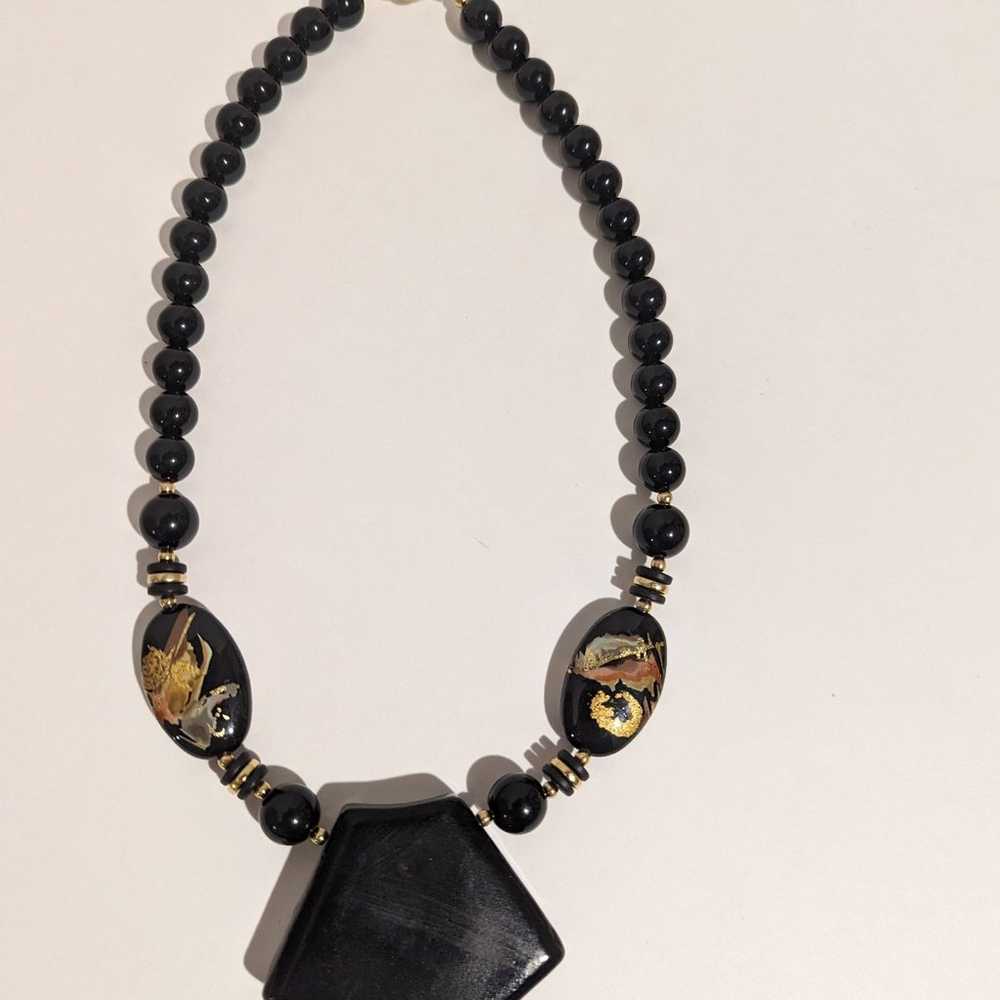 RARE Japan Black & Gold Tone Floral Necklace Hand… - image 8