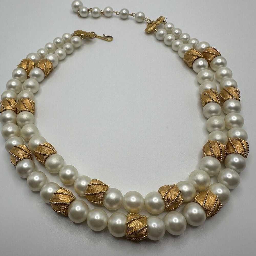 Vintage Coro Faux Pearl Gold Two Strand Necklace … - image 1