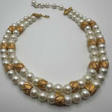 Vintage Coro Faux Pearl Gold Two Strand Necklace … - image 1