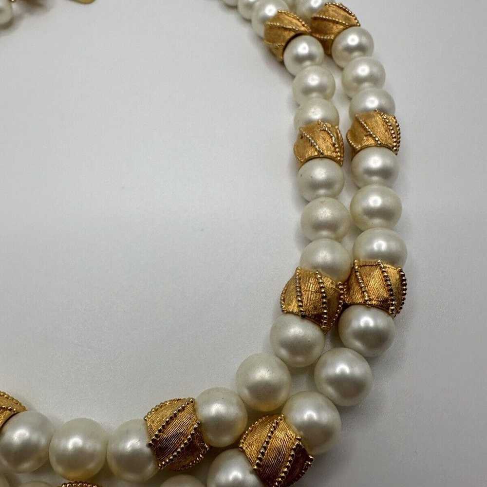 Vintage Coro Faux Pearl Gold Two Strand Necklace … - image 2