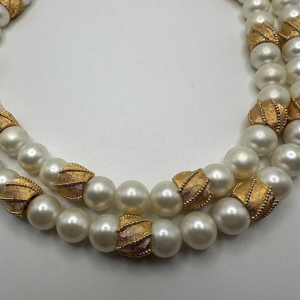 Vintage Coro Faux Pearl Gold Two Strand Necklace … - image 4