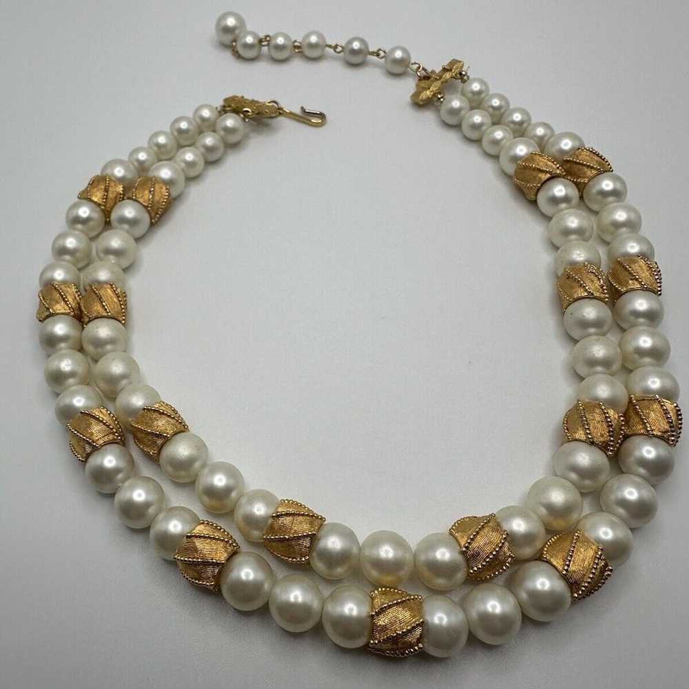 Vintage Coro Faux Pearl Gold Two Strand Necklace … - image 7