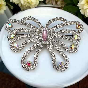 Vintage Butterfly Pin Silver Tone Prong Set Cryst… - image 1