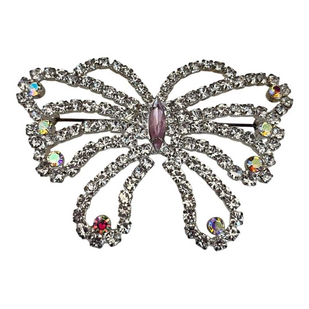 Vintage Butterfly Pin Silver Tone Prong Set Cryst… - image 4