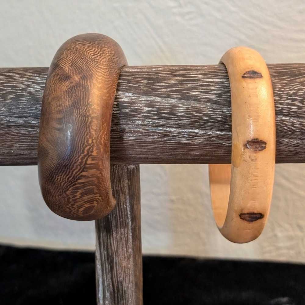 Vintage Chunky Wooden Cuff & Light Notched Wooden… - image 1