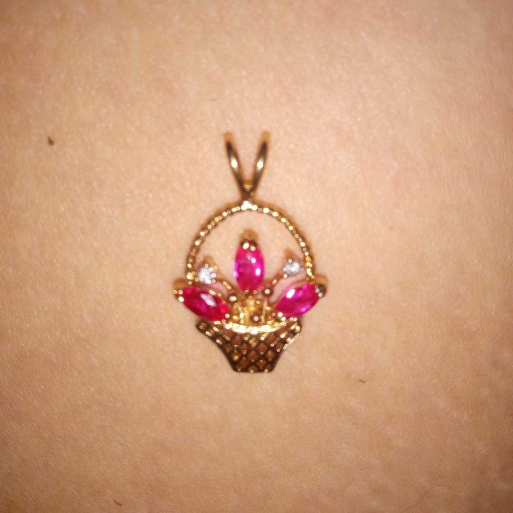 14k Gold Filled Flower Basket Pink Rhinestone 197… - image 1