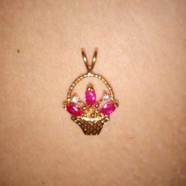 14k Gold Filled Flower Basket Pink Rhinestone 197… - image 1