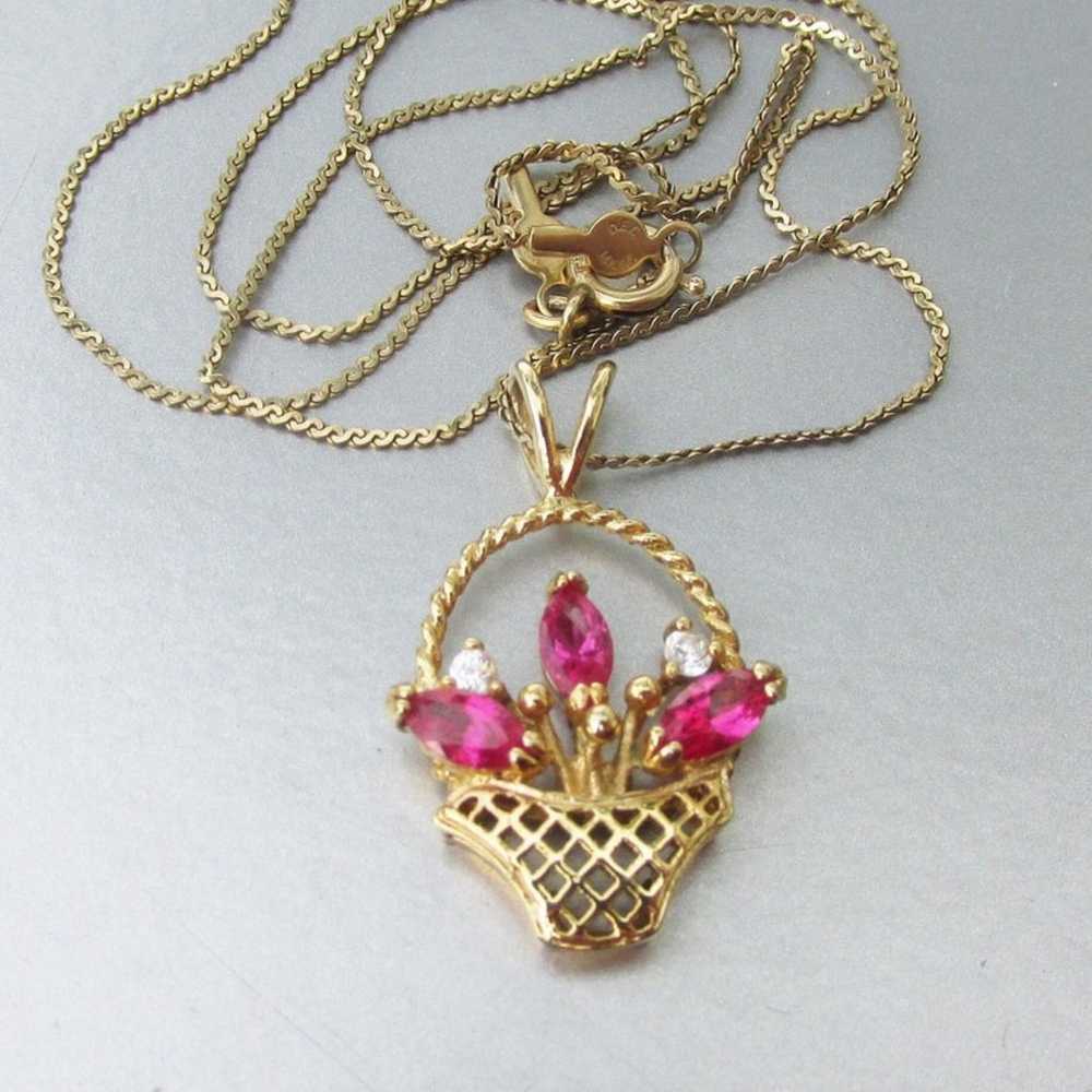 14k Gold Filled Flower Basket Pink Rhinestone 197… - image 2