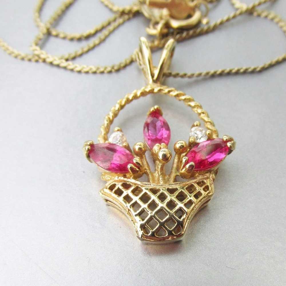 14k Gold Filled Flower Basket Pink Rhinestone 197… - image 3