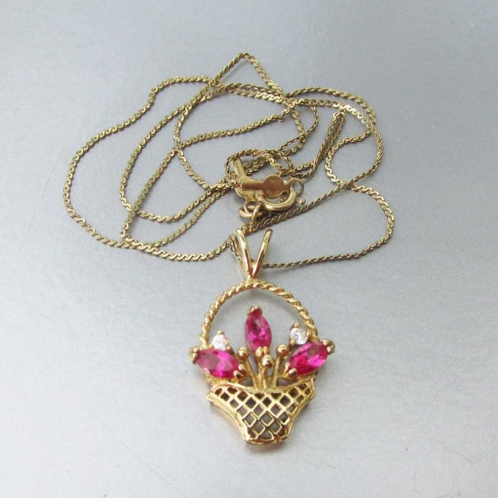 14k Gold Filled Flower Basket Pink Rhinestone 197… - image 5