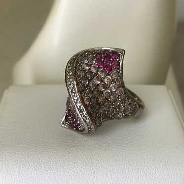 Vintage Pink Clear Fuchsia Crystal Pave Silver To… - image 1