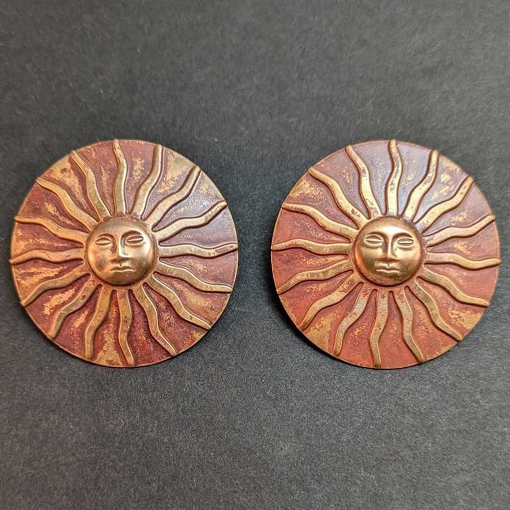 VTG 70s Big Sun Face Brass Earrings Boho Whimsigo… - image 1