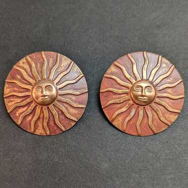 VTG 70s Big Sun Face Brass Earrings Boho Whimsigo… - image 1