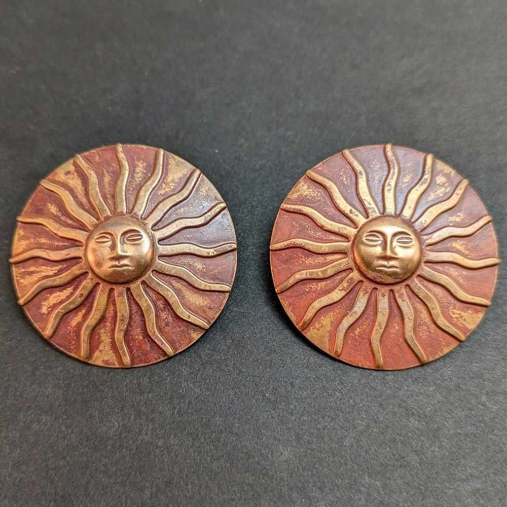 VTG 70s Big Sun Face Brass Earrings Boho Whimsigo… - image 2