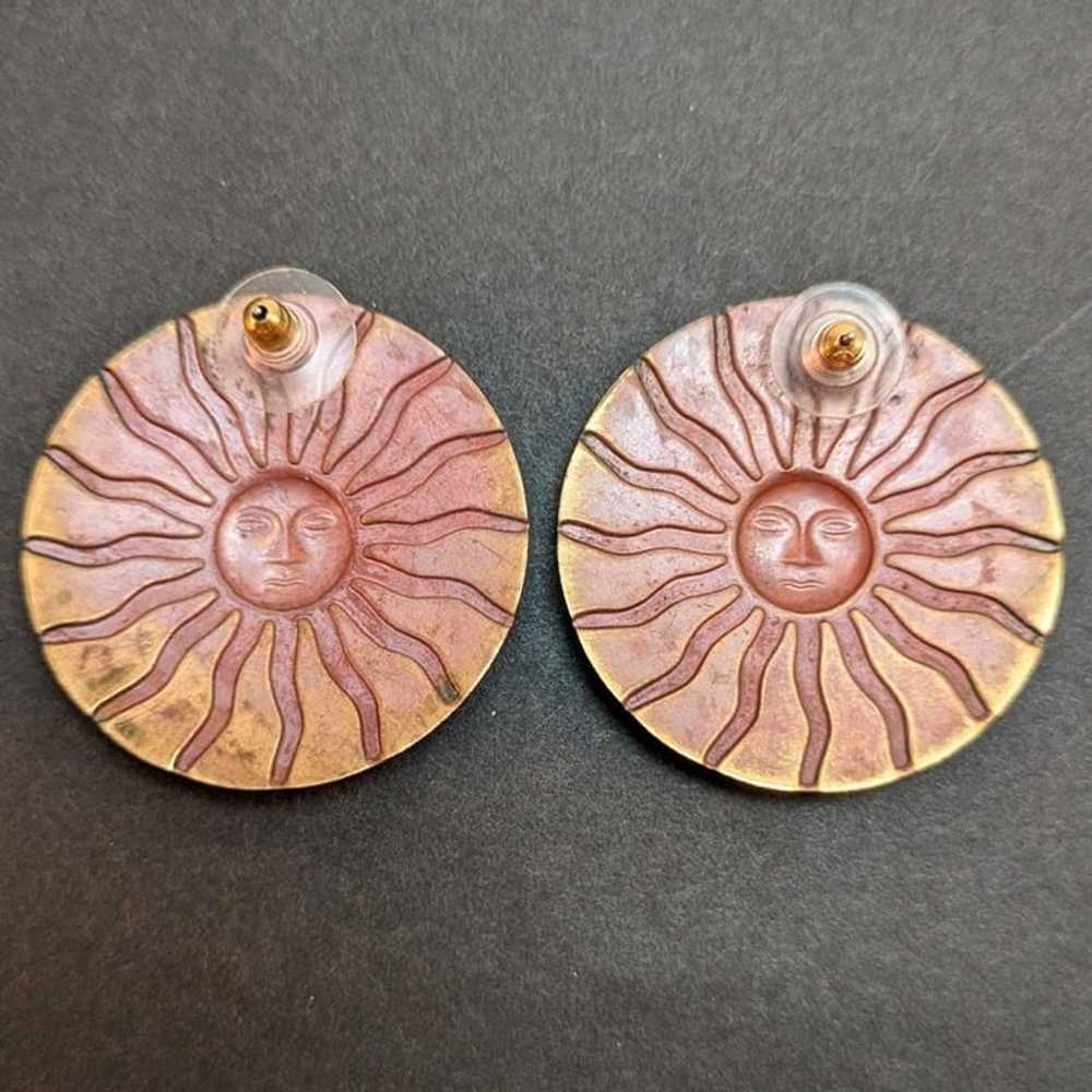 VTG 70s Big Sun Face Brass Earrings Boho Whimsigo… - image 3