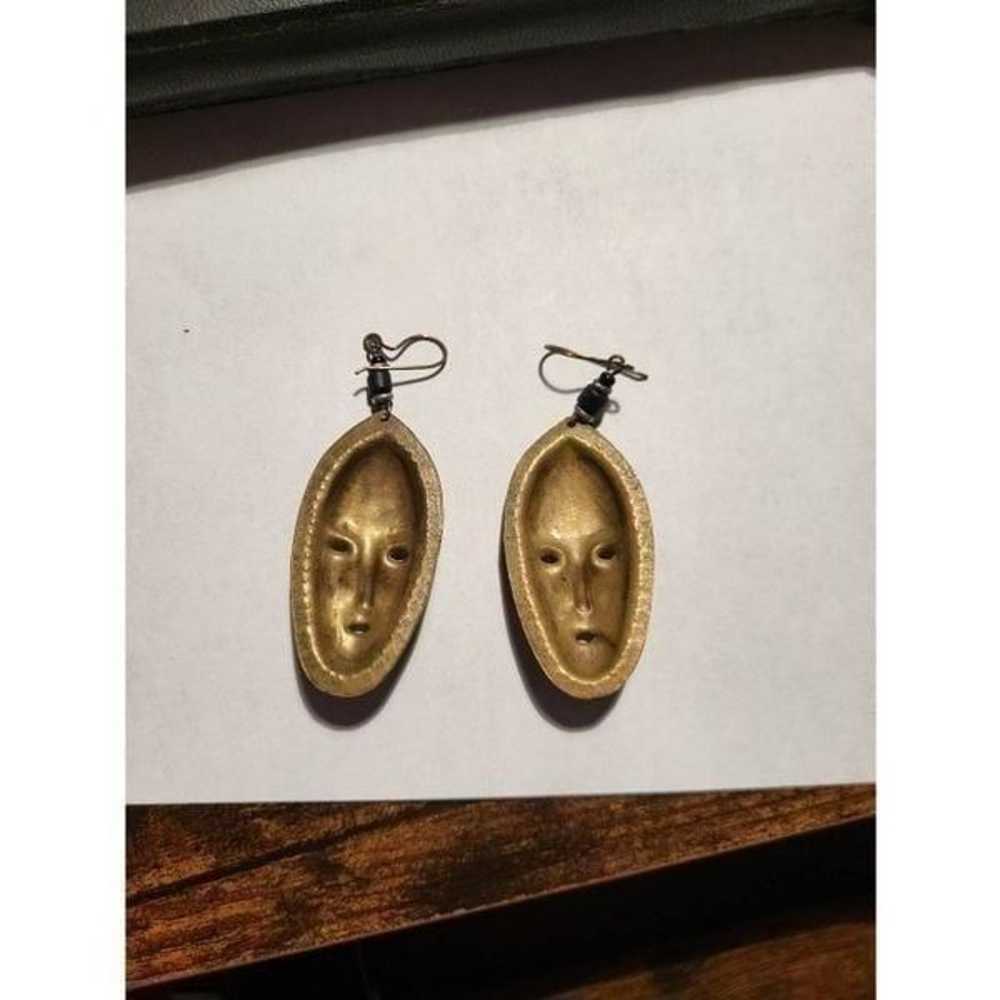 Vintage Brass African style mask earrings - image 3