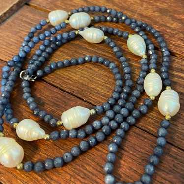 Vintage Sterling & Gold Dark Blue Kyanite Necklace - image 1