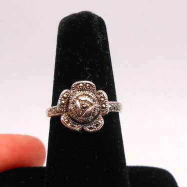 Vintage Genuine Rose Quartz Marcasite 925 Sterling top Silver Ring