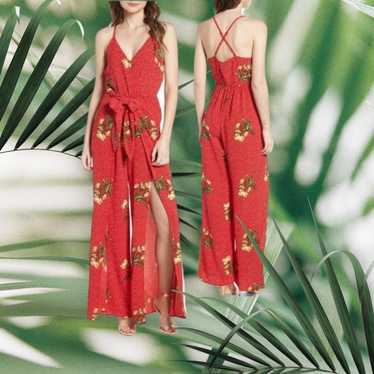 Socialite • Red Floral Slit Leg Strappy Jumpsuit … - image 1