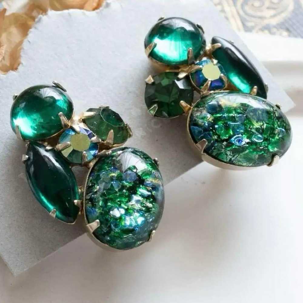 WEISS Vintage Earrings Green Fire Opal Art Glass - image 1