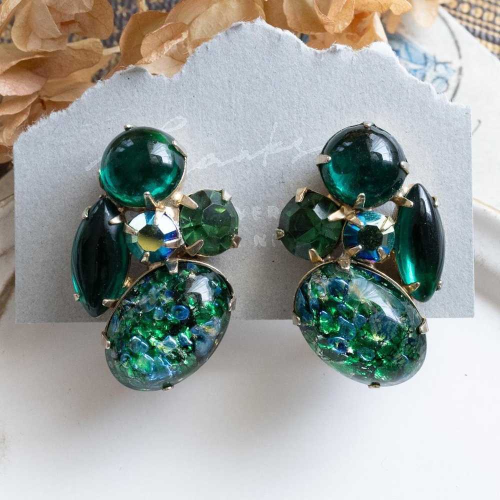 WEISS Vintage Earrings Green Fire Opal Art Glass - image 2