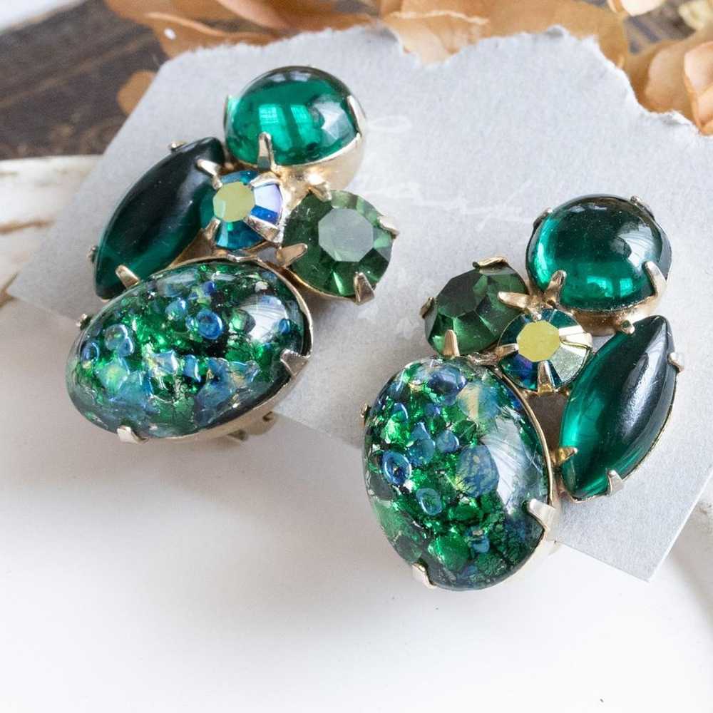 WEISS Vintage Earrings Green Fire Opal Art Glass - image 3