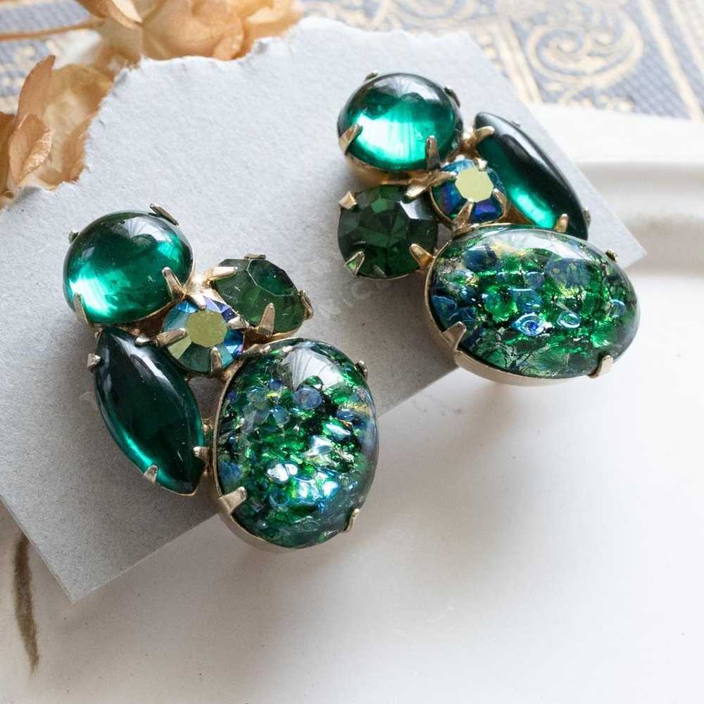 WEISS Vintage Earrings Green Fire Opal Art Glass - image 4