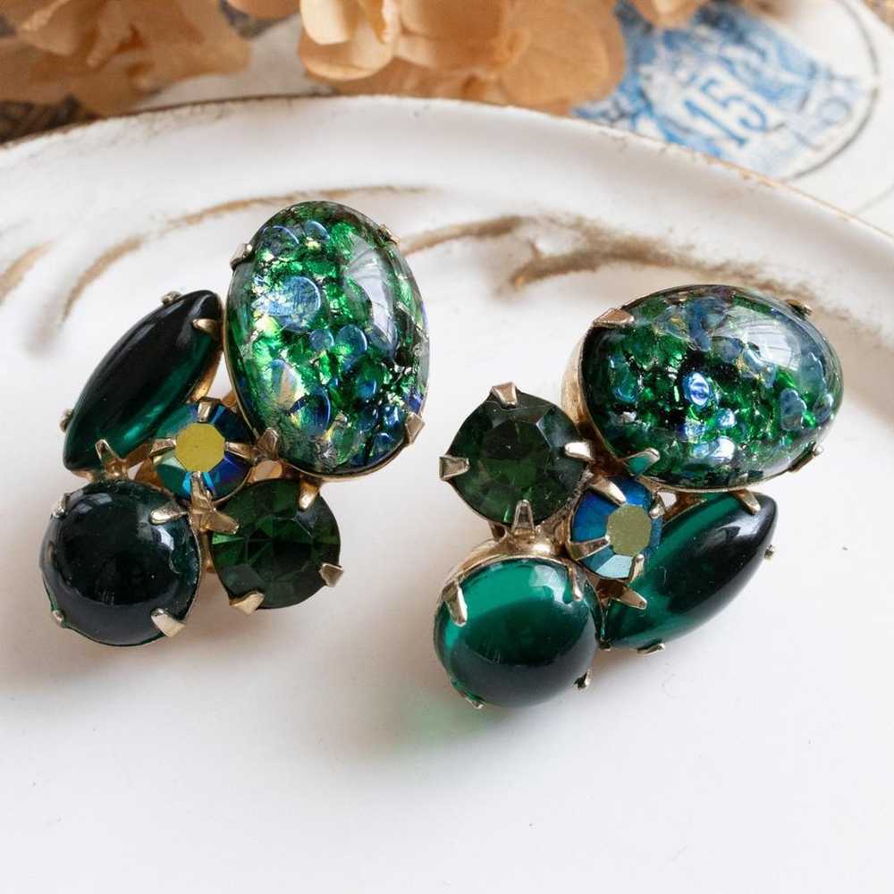 WEISS Vintage Earrings Green Fire Opal Art Glass - image 5