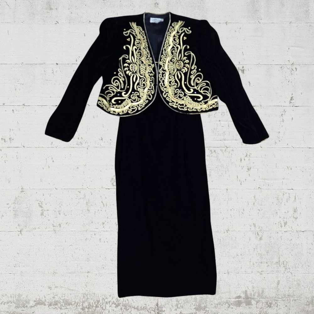 Vintage Black Gold Embroidered Velour Velvet Colu… - image 1