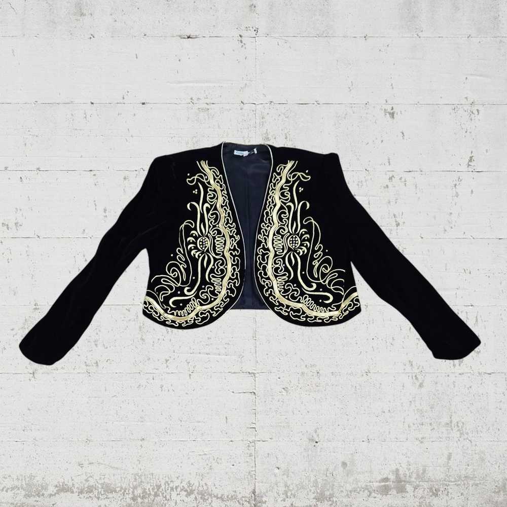 Vintage Black Gold Embroidered Velour Velvet Colu… - image 6