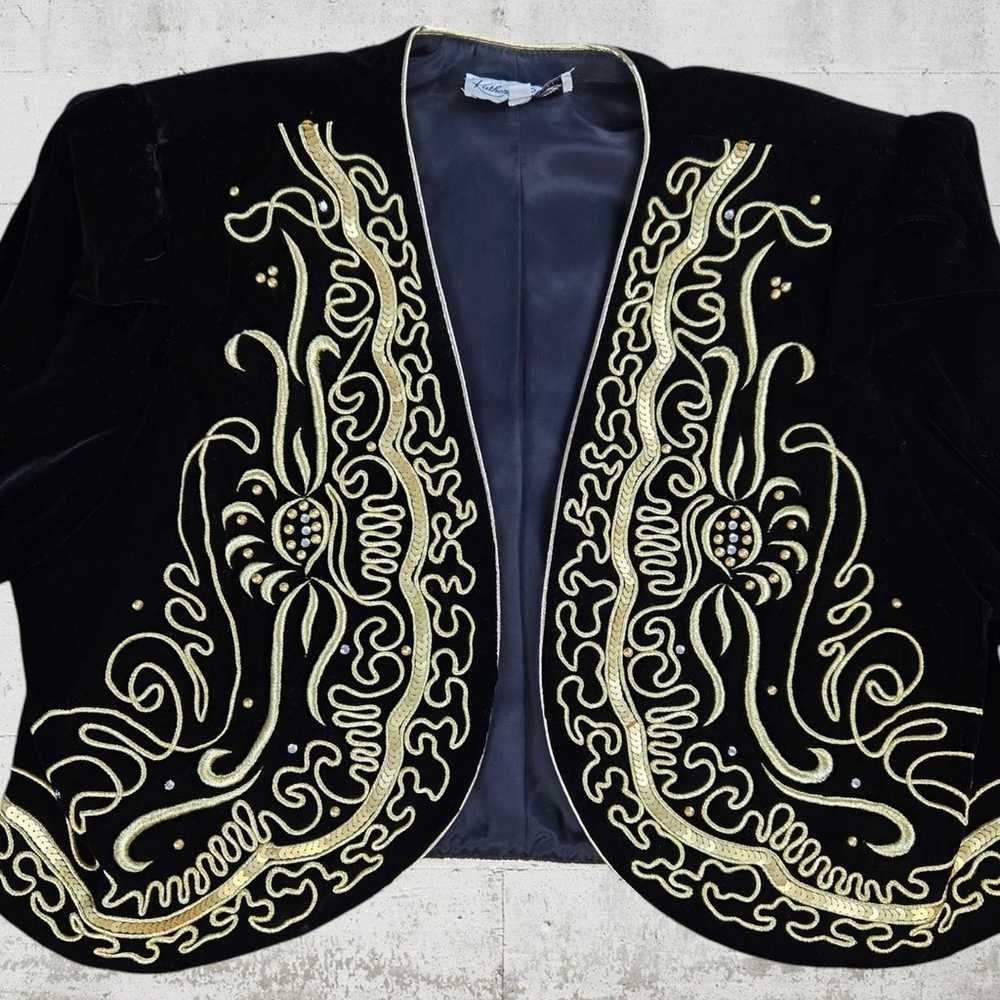 Vintage Black Gold Embroidered Velour Velvet Colu… - image 7