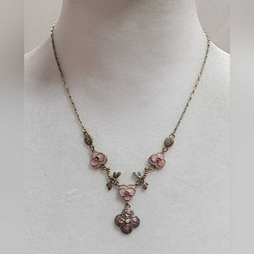 Vintage Pink Enamel Floral Necklace With Pink Sto… - image 1