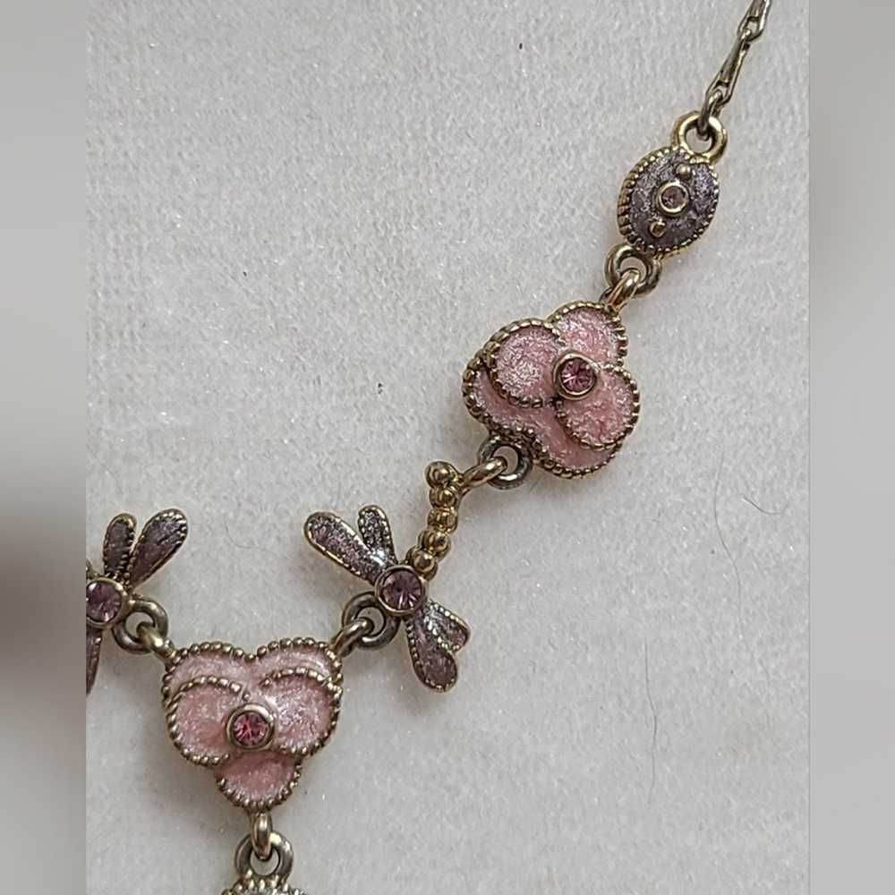 Vintage Pink Enamel Floral Necklace With Pink Sto… - image 2