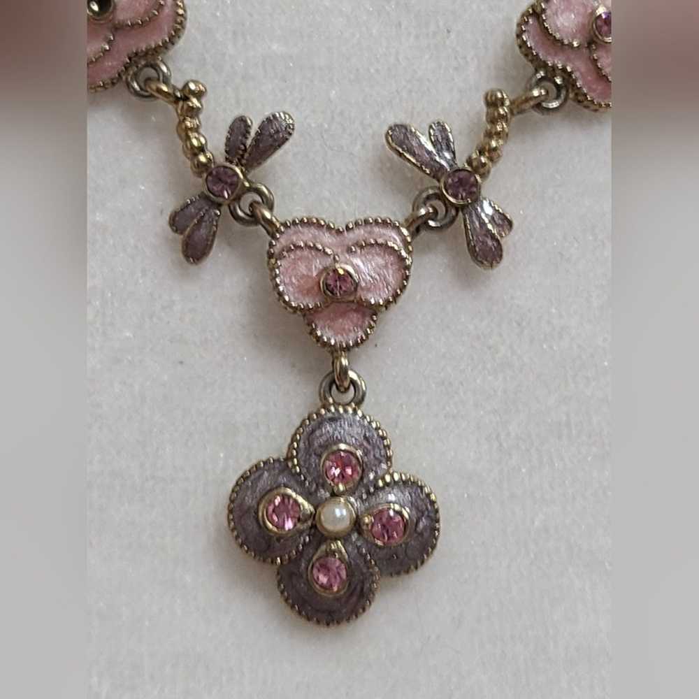 Vintage Pink Enamel Floral Necklace With Pink Sto… - image 4