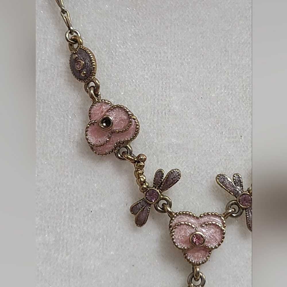 Vintage Pink Enamel Floral Necklace With Pink Sto… - image 5