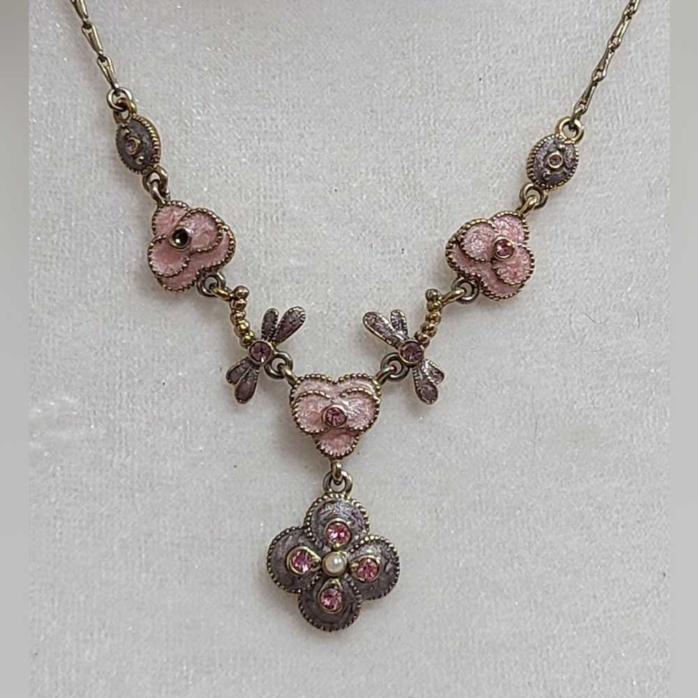 Vintage Pink Enamel Floral Necklace With Pink Sto… - image 8