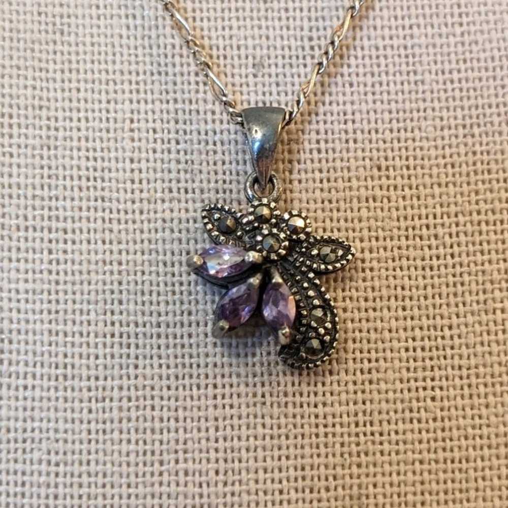 Vtg 925 Marked 'M' Marcasite & Three Purple Marqu… - image 2