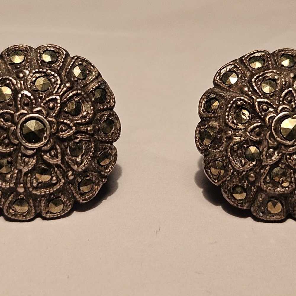 Vintage Sterling Silver Marcasite Stone Screw Bac… - image 1