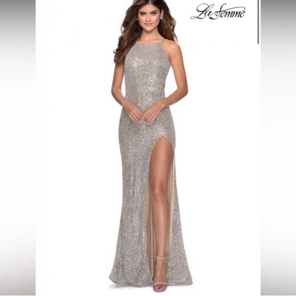 LA FEMME 28529 sliver sequin open back slit gown - image 1