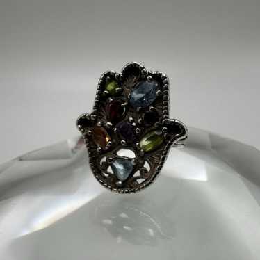 Vintage Sterling Silver Hamsa Hand Ring Multi Col… - image 1