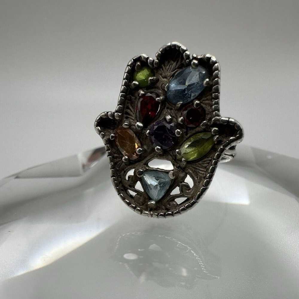 Vintage Sterling Silver Hamsa Hand Ring Multi Col… - image 5